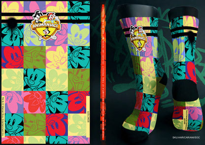 Colorful socks with cartoon character design on a dark background